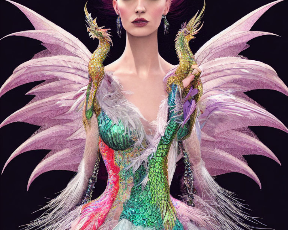 Colorful fantasy figure with pink wings and dragon on dark background