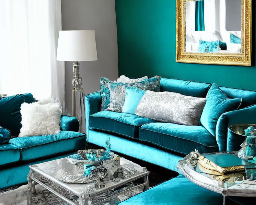 Luxurious Teal Living Room with Velvet Sofa & Gold Accents