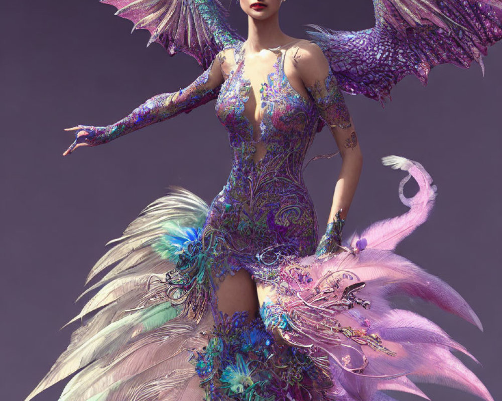Majestic fantasy figure with iridescent wings and intricate patterns