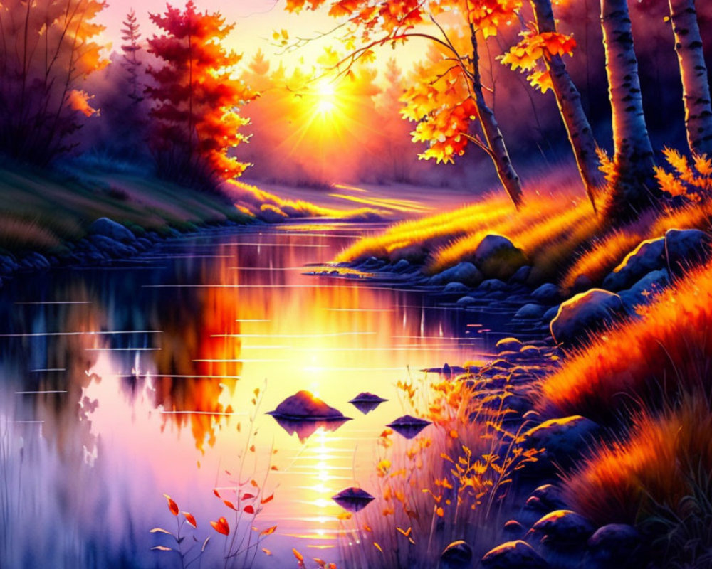 Serene river sunset painting with autumn trees reflection