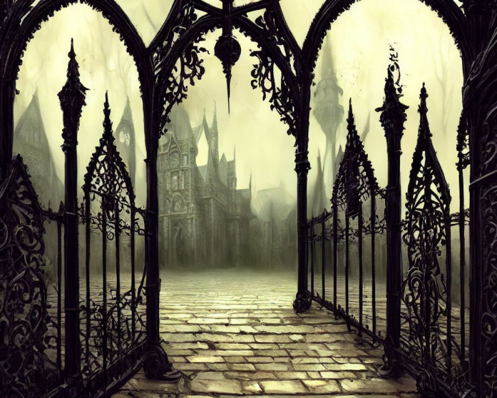Gothic scene: Ornate iron gate, cobblestone path, mist-covered mansion