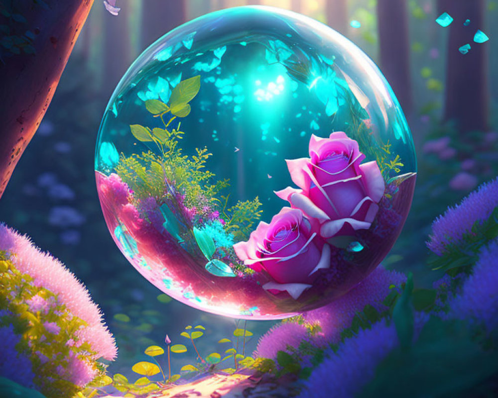 Mystical bubble with roses and foliage in enchanted forest with butterflies and musical notes