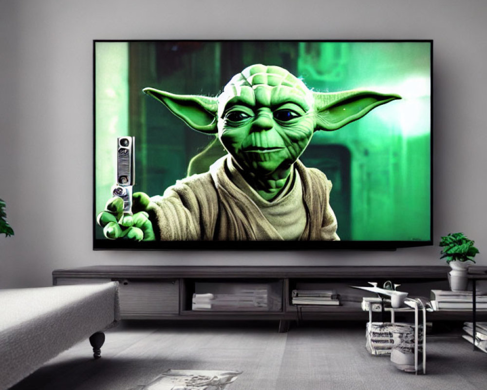 Spacious living room with large TV showing Yoda, remote on couch