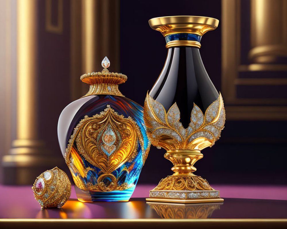 Intricately designed perfume bottles with gold accents on polished surface