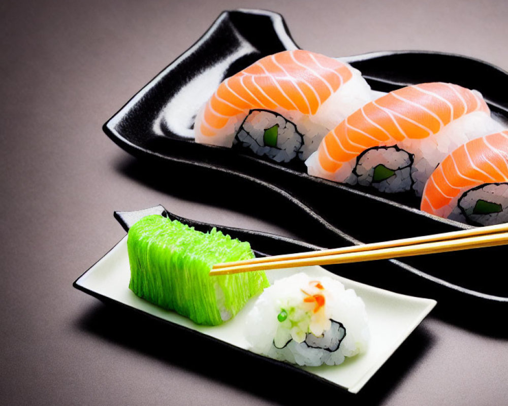 Salmon-topped sushi rolls on star-shaped plate with wasabi and chopsticks
