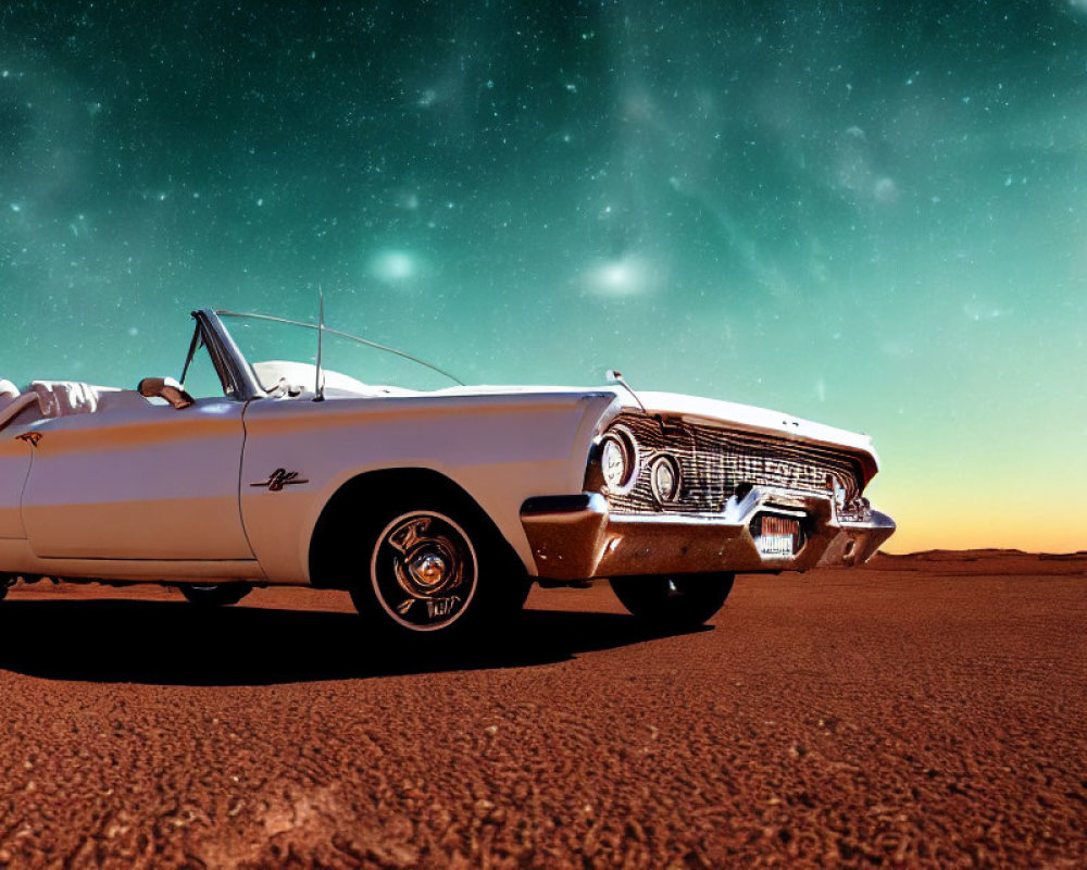 Classic Convertible Car Under Starry Night Sky with Aurora Borealis