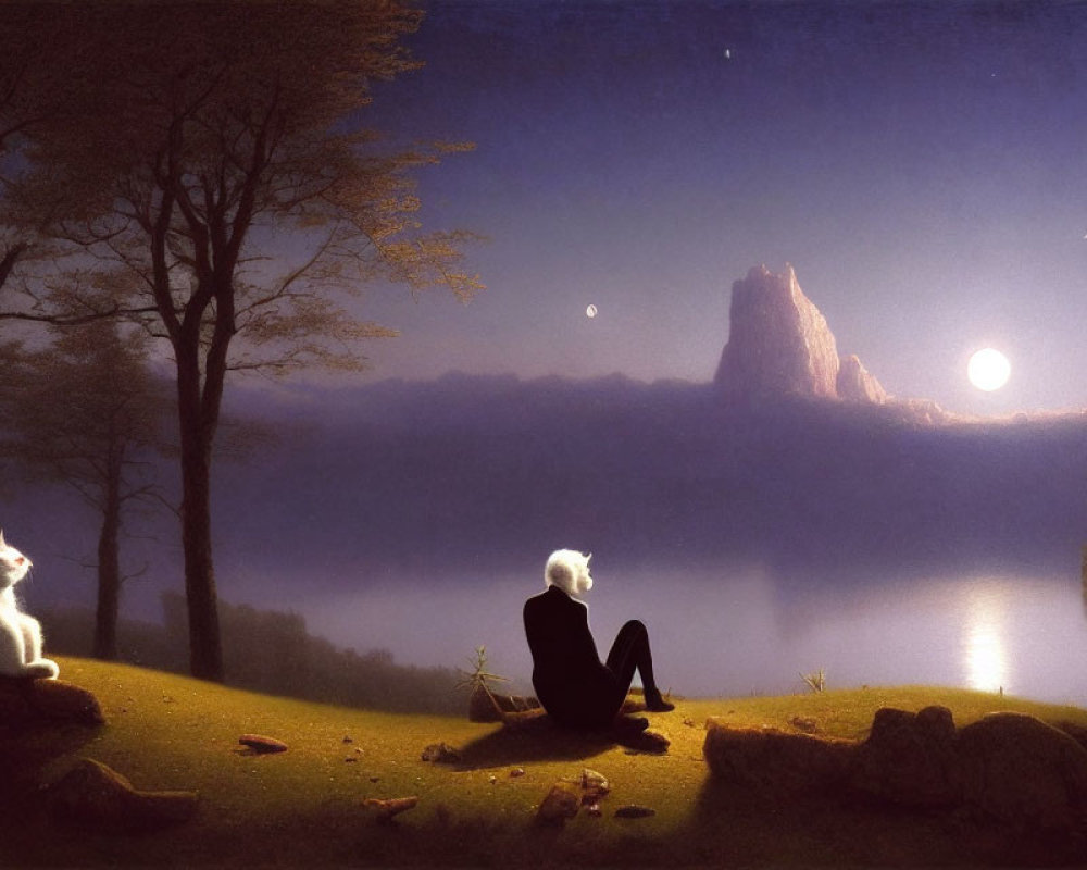 Nighttime scene by tranquil lake with person and cat, two moons in the sky