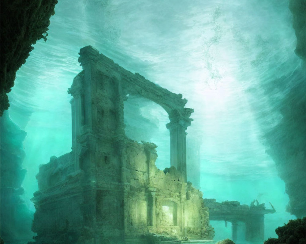 Ancient underwater ruins with classical columns in blue-green glow