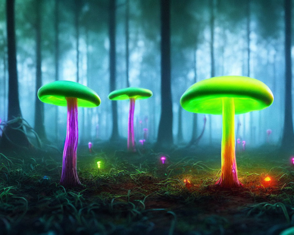Glowing oversized mushrooms in mystical forest with colorful lights