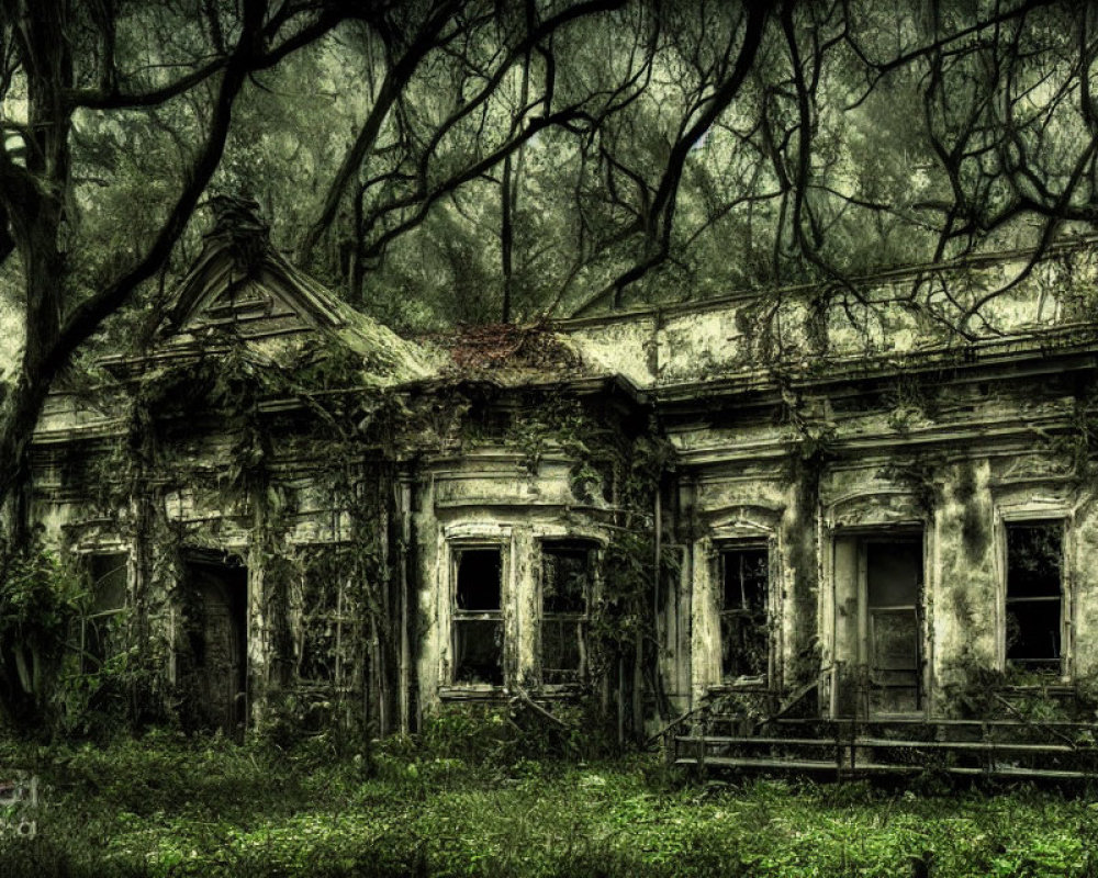 Desolate abandoned house engulfed by overgrowth in dark forest