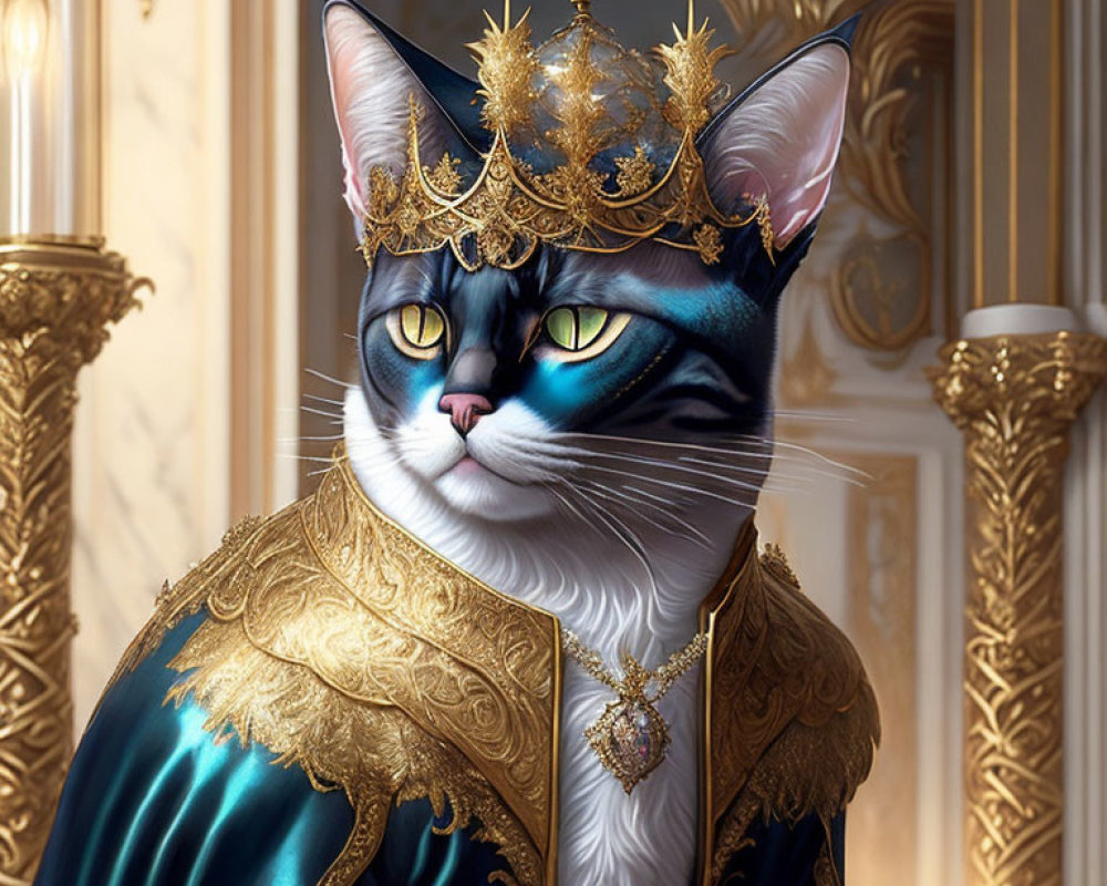 Regal Cat in Blue and Gold Robe with Crown on Palatial Background