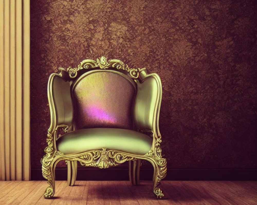 Vintage-style Room with Ornate Gold-Trimmed Green Armchair on Textured Brown Wallpaper and Wooden