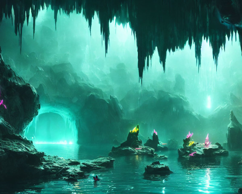 Majestic underground cave with glowing crystals and turquoise waters