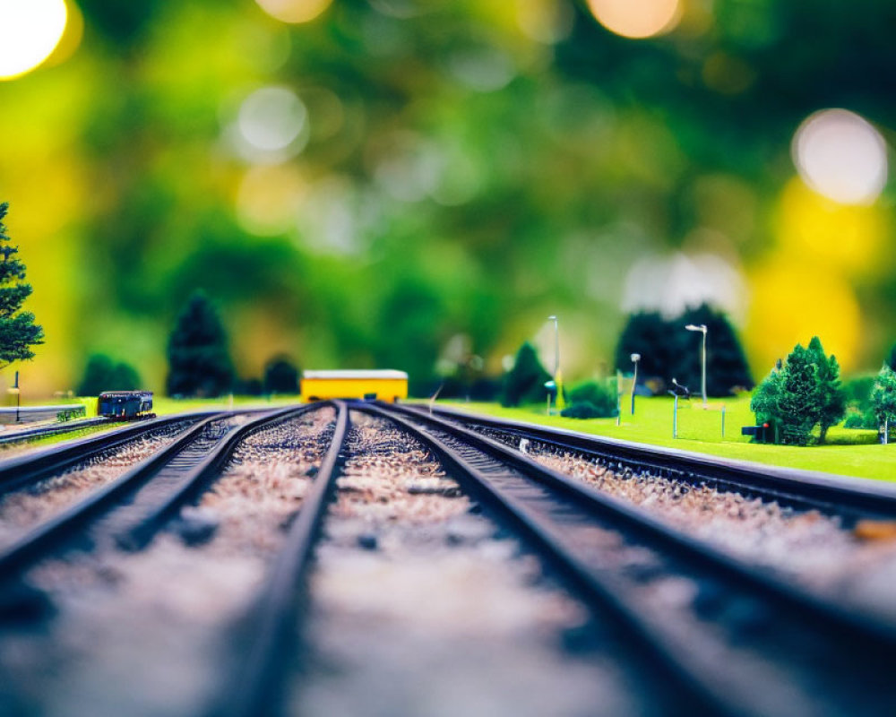 Detailed miniature model train setup with vibrant greenery and tiny trees mimicking outdoor railroad scene