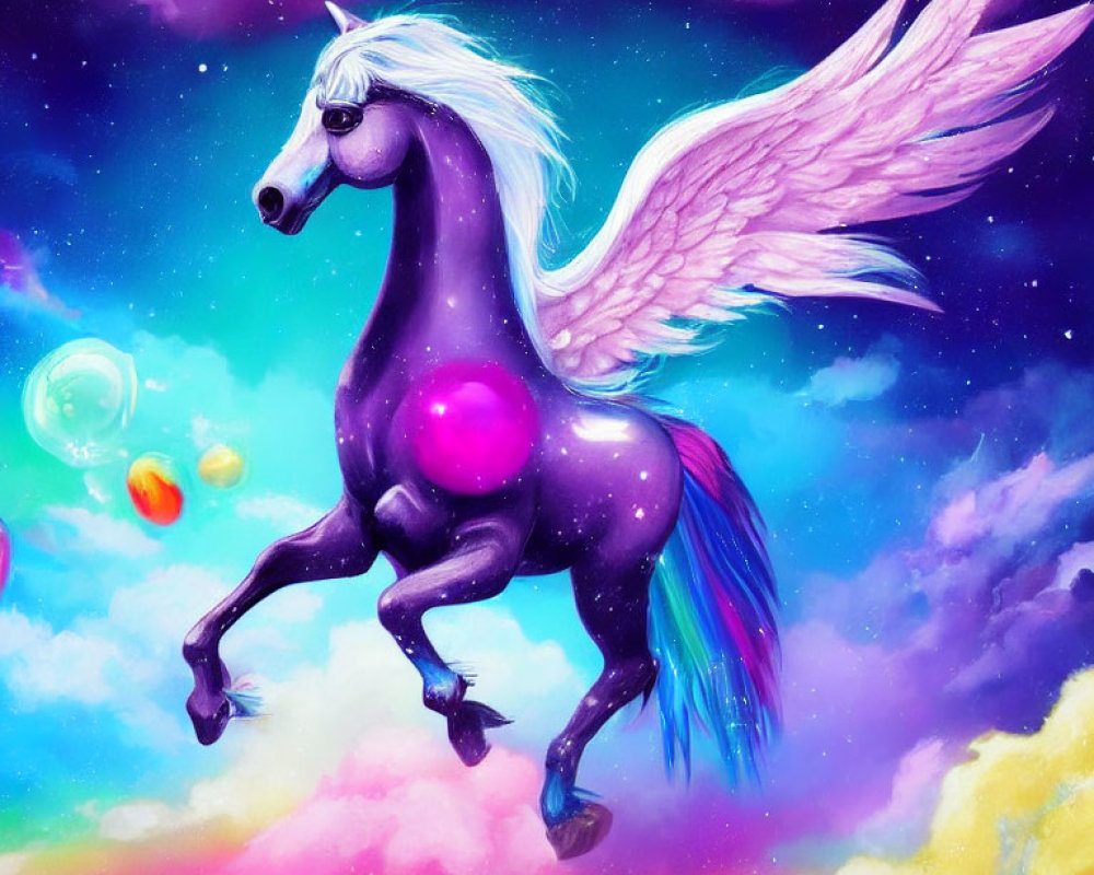 Colorful illustration of majestic winged horse with rainbow tail and mane in whimsical setting