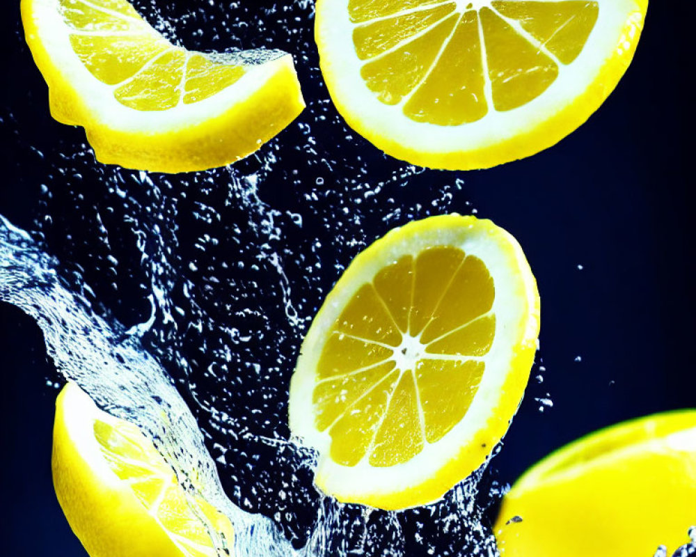 Fresh sliced lemons in motion with splashing water on dark background