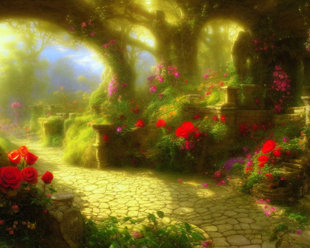 Enchanted garden with cobblestone path and blooming red roses