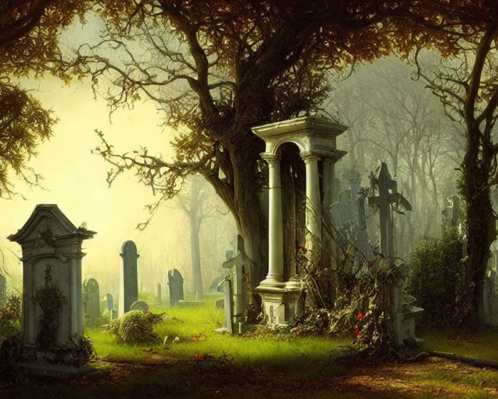 Lush Green Cemetery with Ancient Headstones and Classical Column