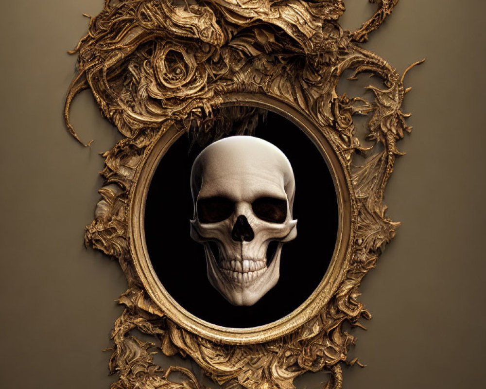 Intricate golden frame with floating human skull on dark background