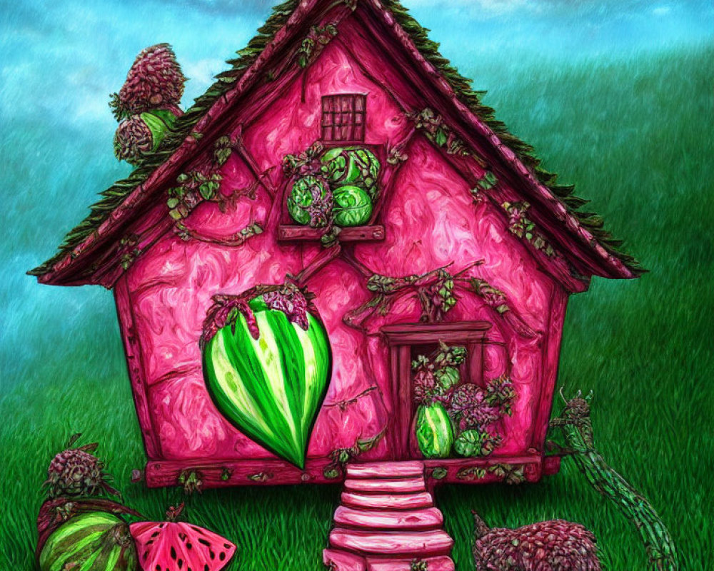 Colorful illustration of pink house with watermelon decor in green landscape
