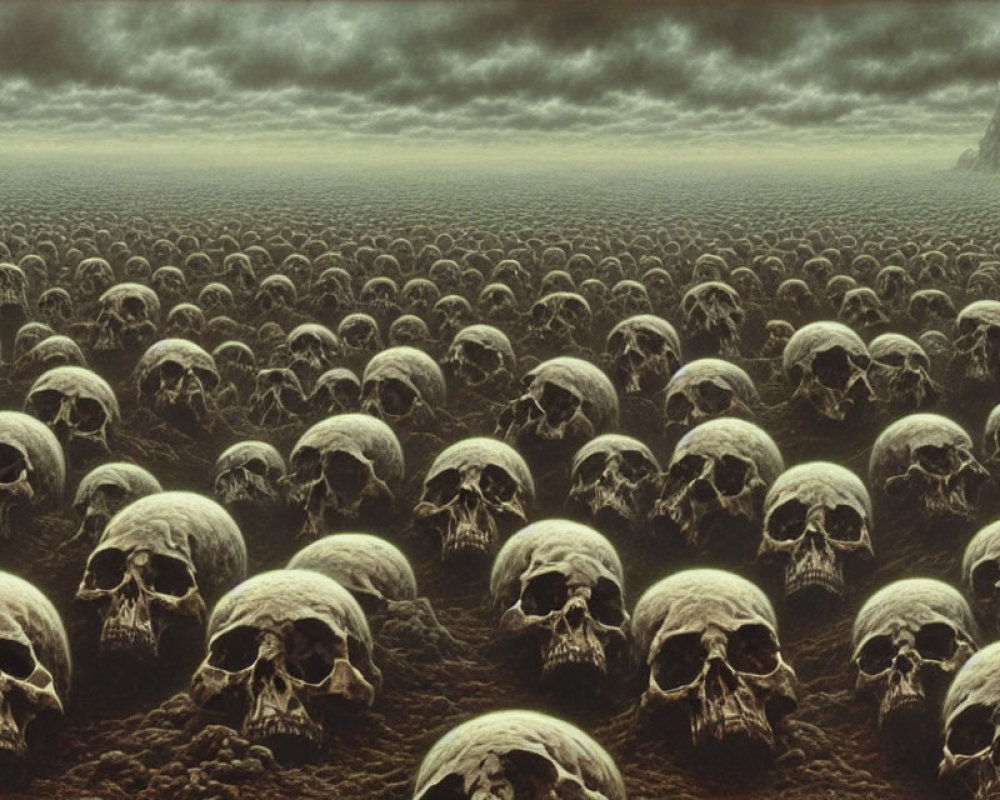 Barren landscape with human skulls under gloomy sky and dark mountain.