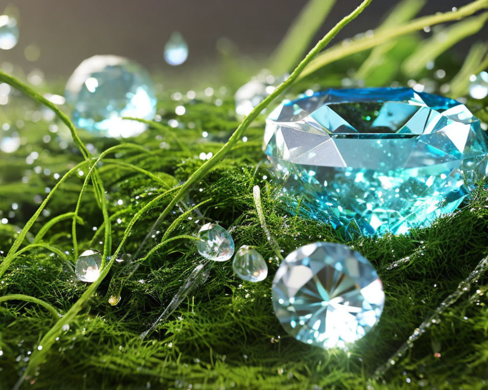 Blue Gemstone and Crystals on Green Moss with Water Droplets