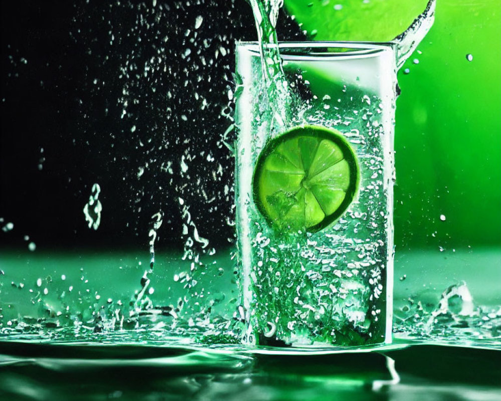 Refreshing lime slice in water splash on green background