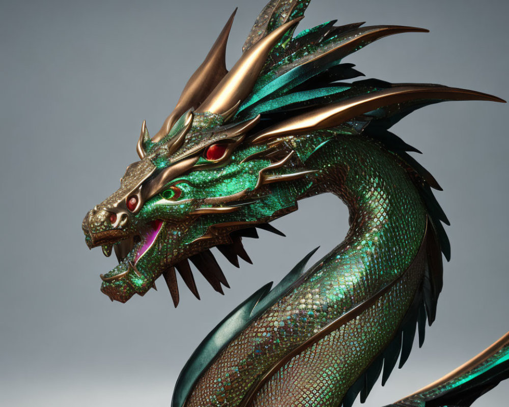 Detailed Metallic Dragon with Green Scales and Gold Horns on Gray Background