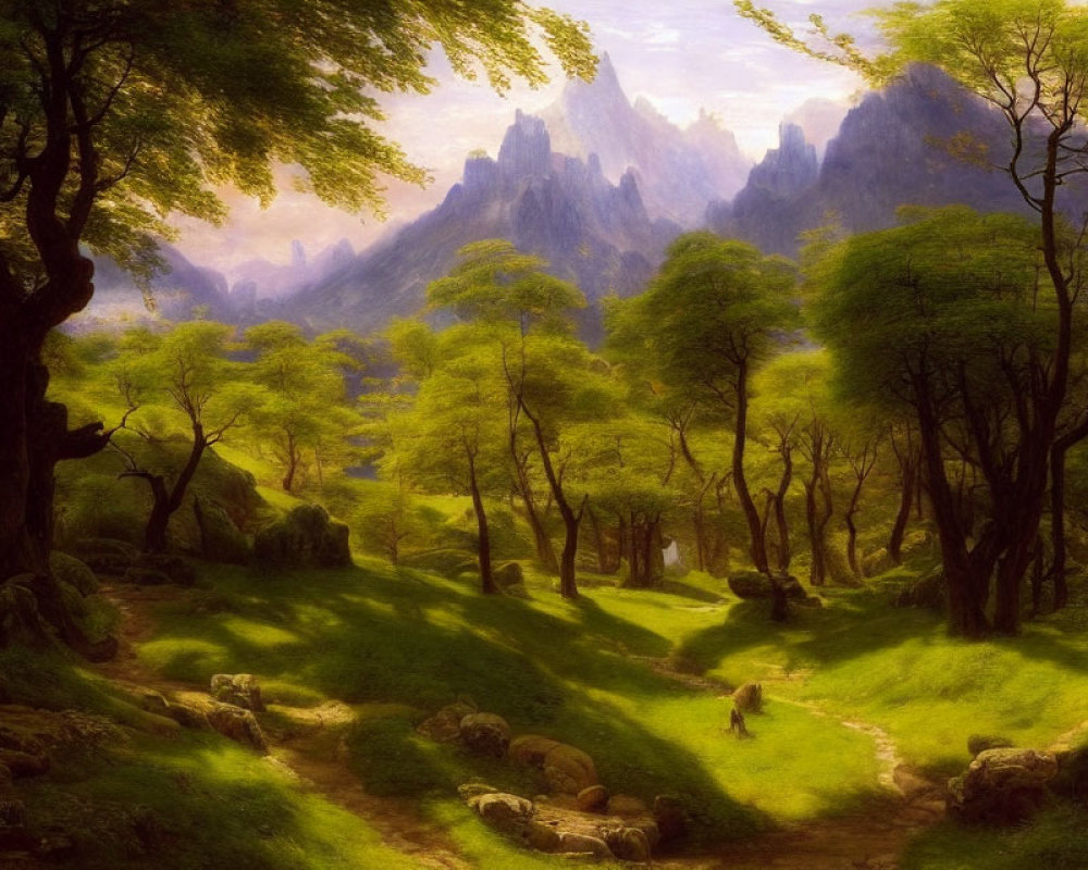 Tranquil landscape with trees, path, boulders, and mountains
