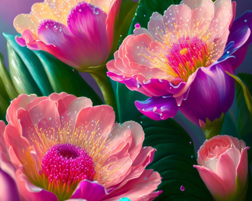 Colorful Digital Art: Dew-Kissed Pink Flowers with Green Leaves & Purple Accents