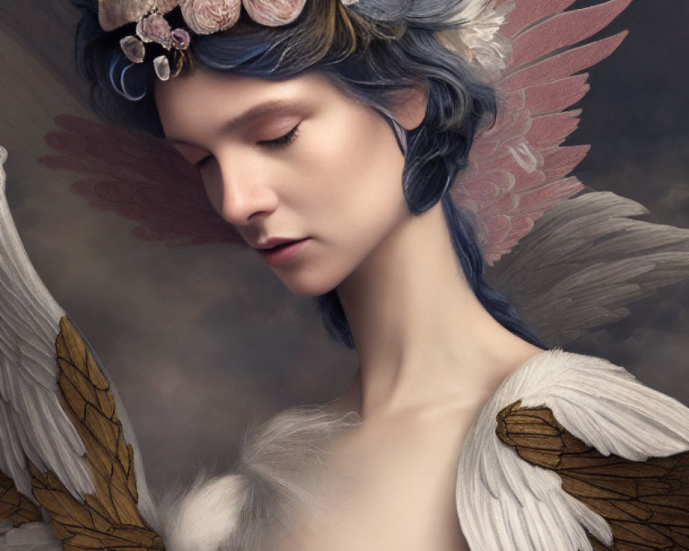 Blue-haired figure with floral crown and wings in contemplative pose