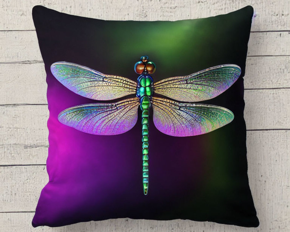 Dragonfly Cushion with Iridescent Wings on Gradient Background and Wooden Surface