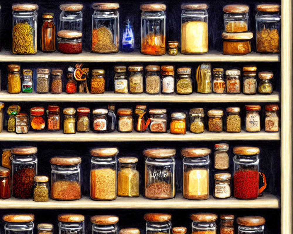 Neatly arranged spice and ingredient jars with clear labels on shelves