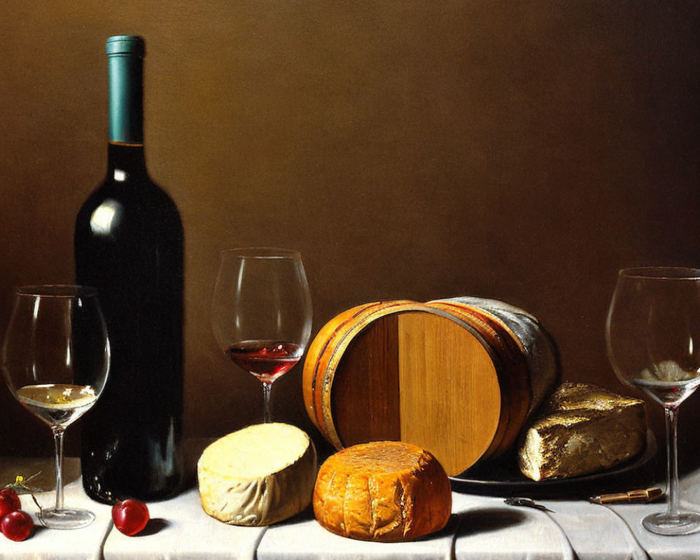 Still life painting of wine bottle, glasses, barrel, and cheese on table