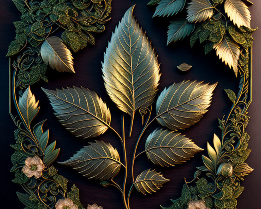 Gold and Green Embossed Botanical Design on Dark Background