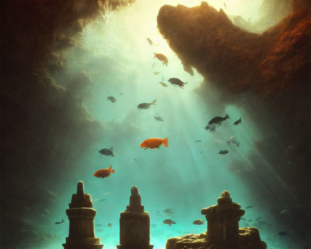 Sunlit underwater ruins with swimming fish