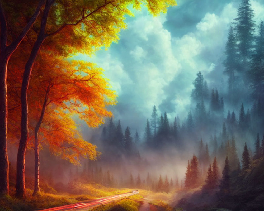 Misty forest with winding road and autumnal trees