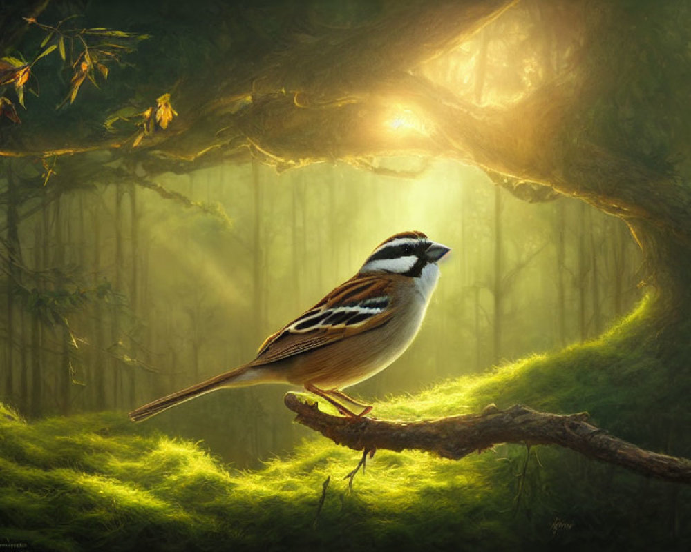 Sparrow on mossy branch in sunlit forest with light beams