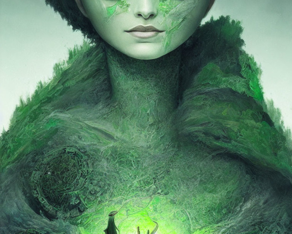 Surreal portrait of woman with green skin, moss textures, and miniature figures in a clearing