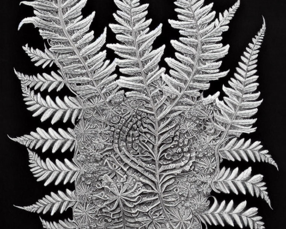 Detailed black and white fern leaves and floral patterns on dark backdrop