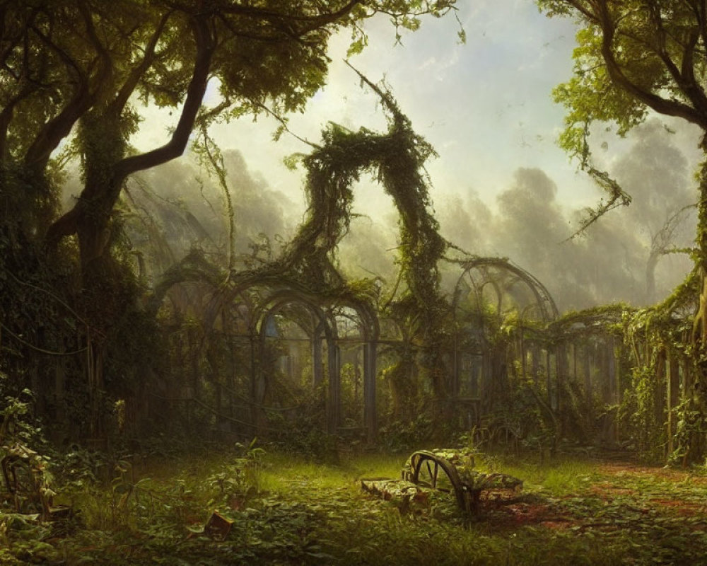 Mystical overgrown garden with ivy-covered trees and arches in soft sunlight