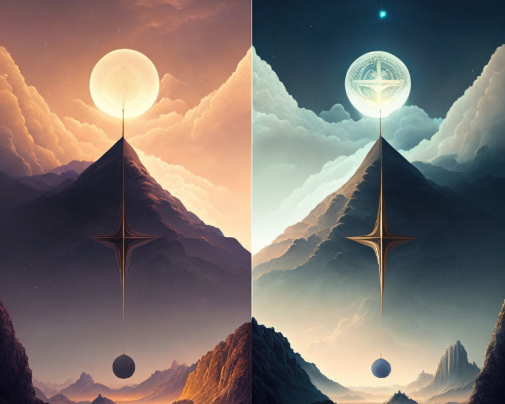 Split surreal landscapes with mountains, different skies, fantastical structures, and floating orbs