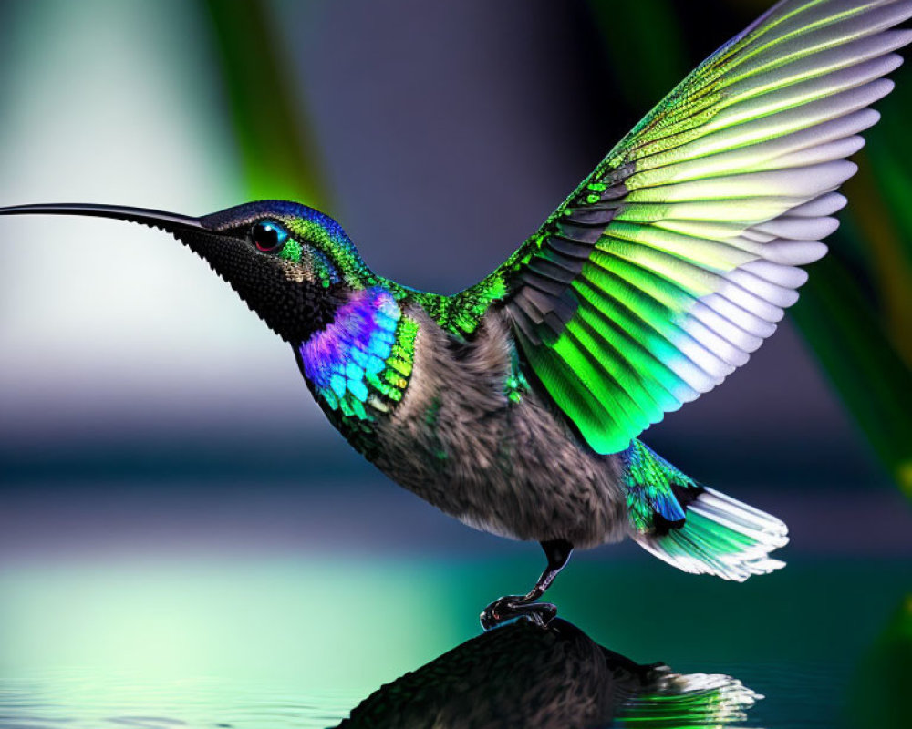 Iridescent hummingbird perched by water with spread wings