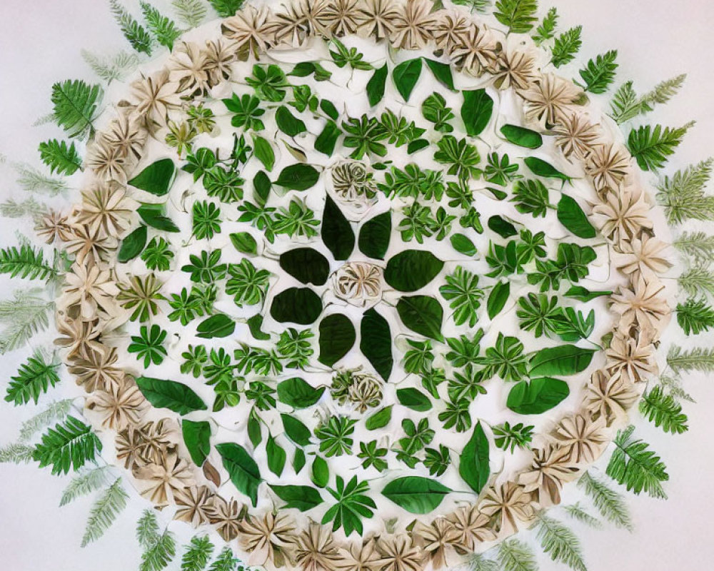 Circular Green and White Botanical Art with Symmetrical Leaf and Flower Design