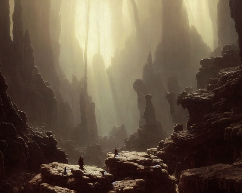 Misty cavernous landscape with towering rock formations and silhouetted figures