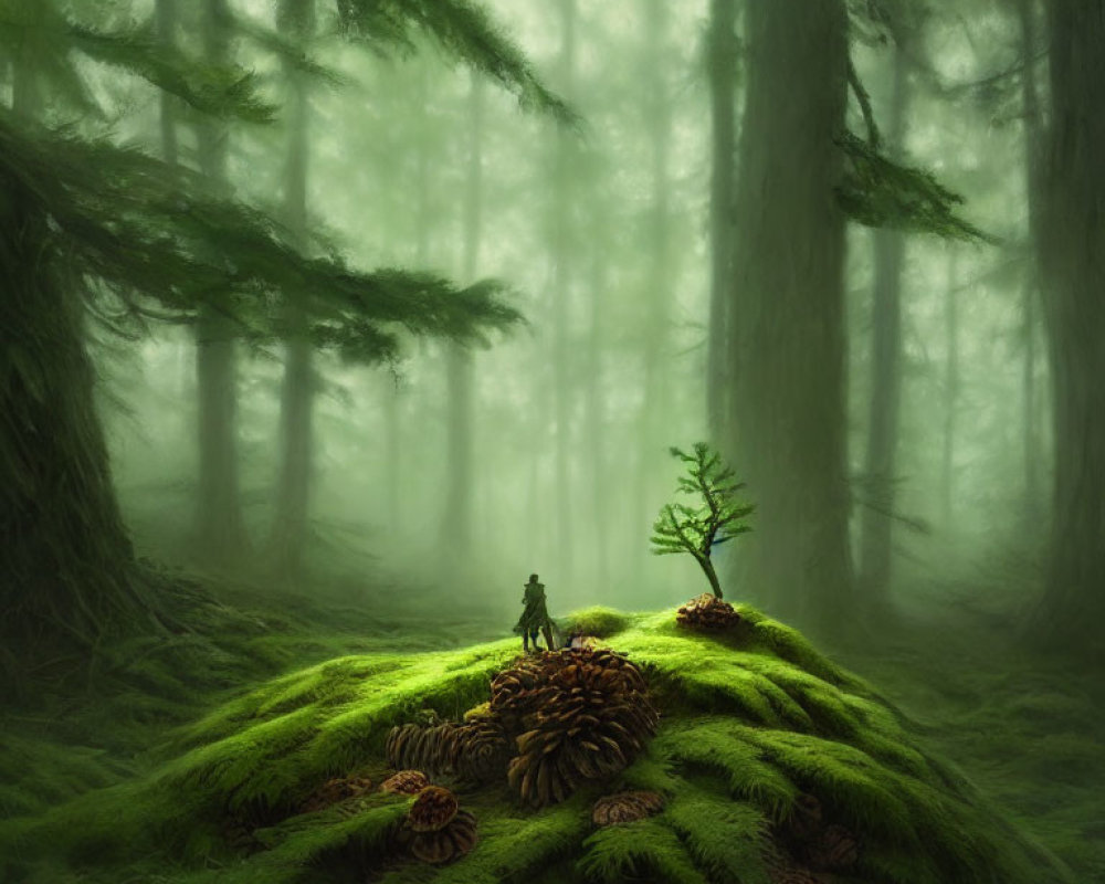 Tranquil forest scene with person by young tree and giant pine cones