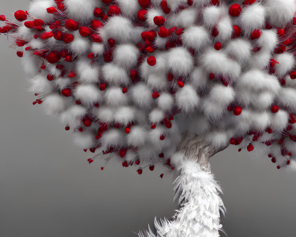 Stylized fluffy white tree with red berries on grey background
