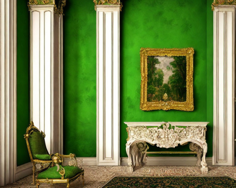Luxurious Green-themed Room with White Columns, Armchair, Console Table, and Painting