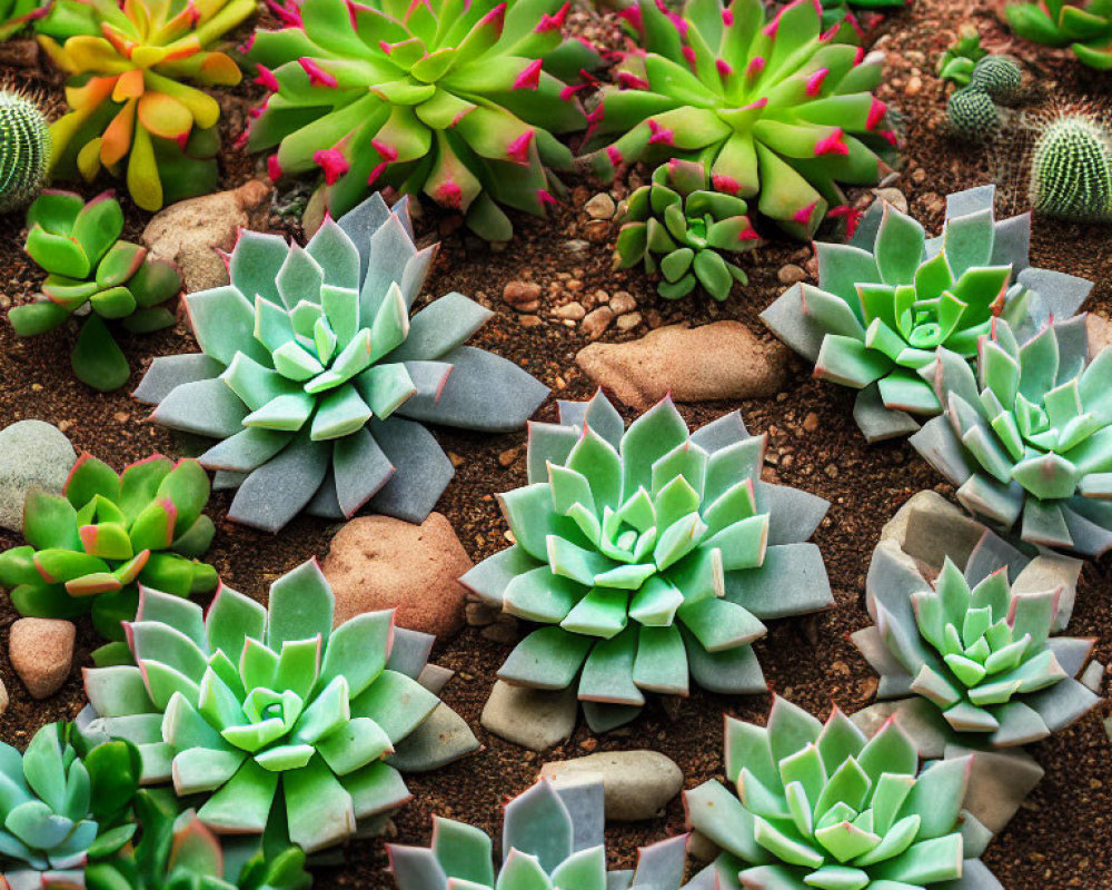 Vibrant succulent plants in assorted shapes and shades of green on rocky soil