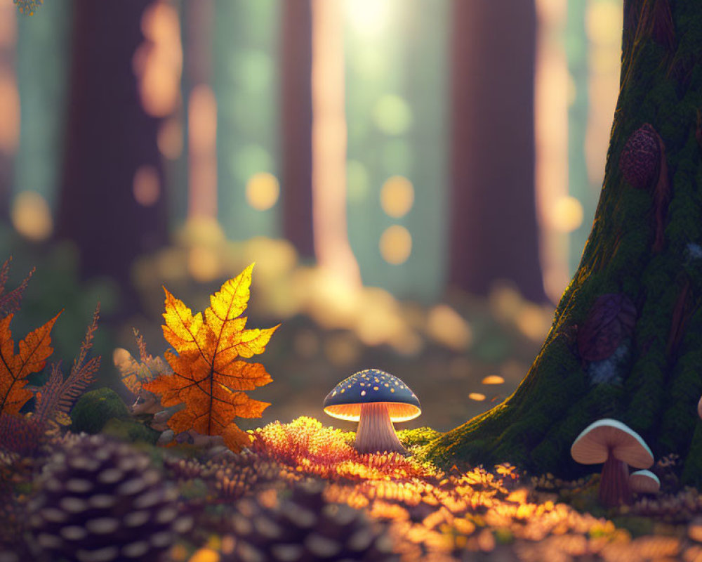 Serene forest scene with mushrooms, autumn leaves, and pine cone